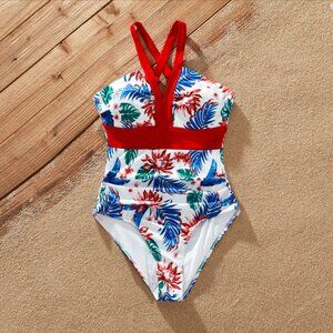 Women Tropical Plant Print Red Spaghetti Strap One-piece Swimsuit S, M, L, XL